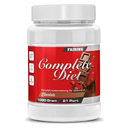 Fairing Complete Diet New Formula 1 kg måltidserstatning i en hvit plastboks med rød etikett og sjokoladebiter.