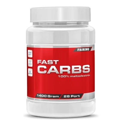 Fairing Fast Carbs 1.4 kg raske karbohydrater i en hvit plastboks med fremtredende rød etikett.