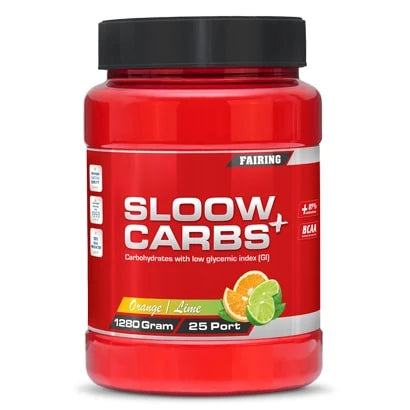 Rød boks med Fairing Sloow Carbs+ 1.2 kg karbohydratpulver i smaken Orange Lime.