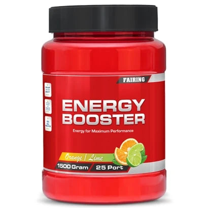 Fairing Energy Booster 1.5 kg sportsdrikk i en rød boks med svart lokk og smak av Orange Lime.