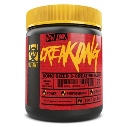 Svart boks med gult lokk som inneholder Mutant Creakong 300 g kreatinblanding, prydet med rød og gul etikett.