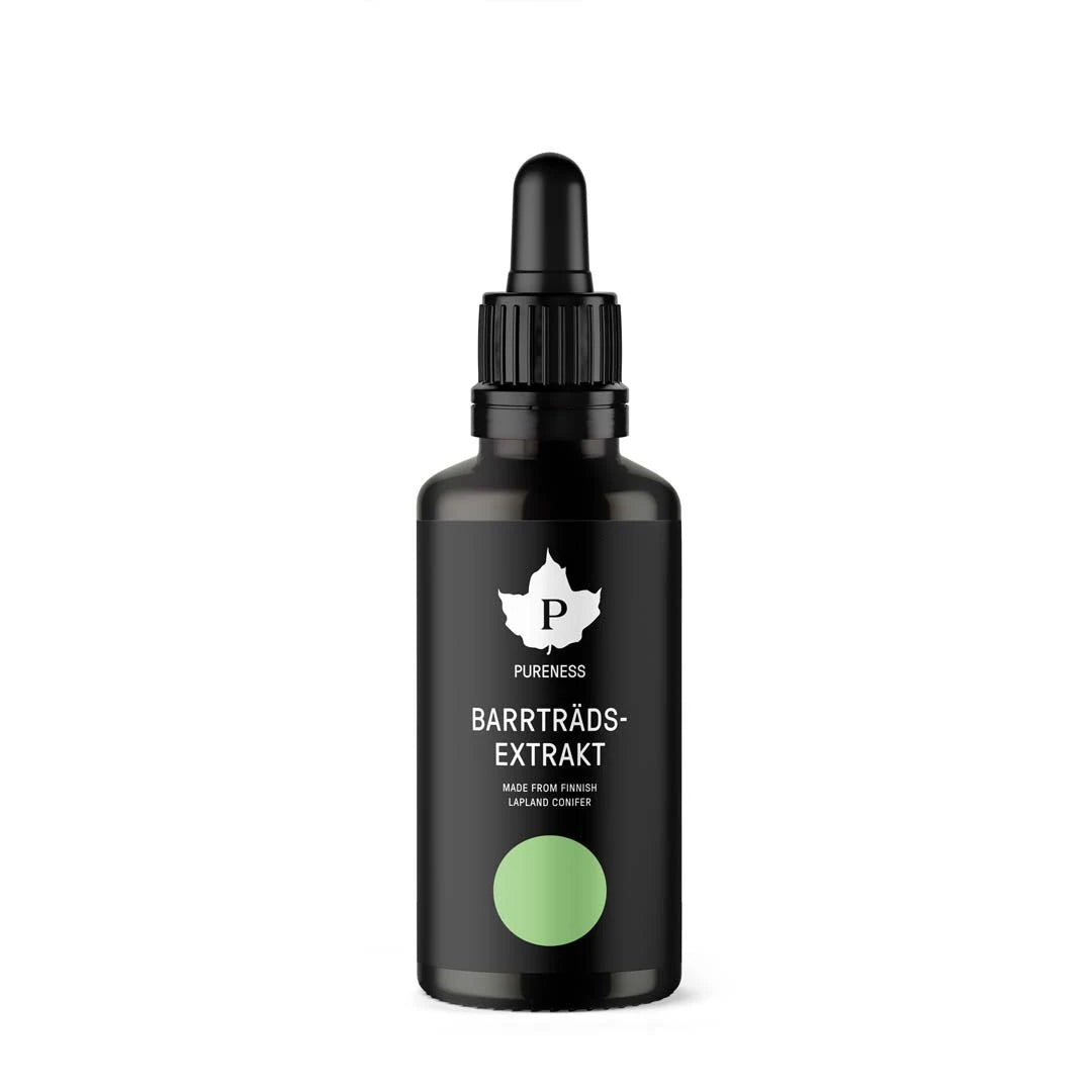 Pureness Barrträdsextrakt 50 ml pakket i en mørk glassflaske med pipette, svart etikett og en lysegrønn sirkel.