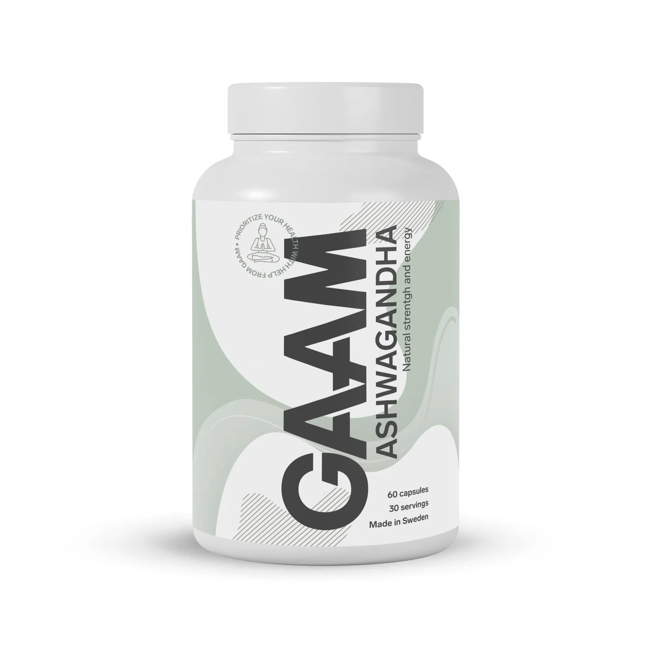 GAAM Ashwagandha 60 caps kosttilskudd i en hvit boks med grønn og hvit etikett.