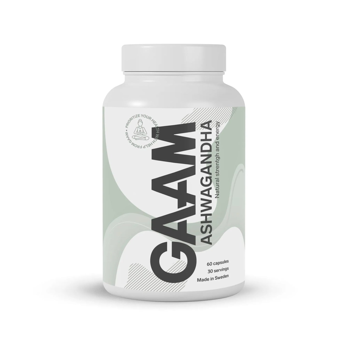 GAAM Ashwagandha 60 caps kosttilskudd i en hvit boks med grønn og hvit etikett.