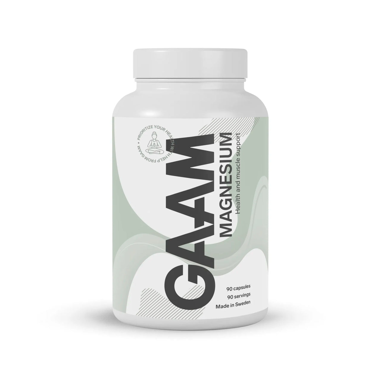GAAM Magnesium 90 caps i en hvit boks med lysegrønne og hvite grafiske detaljer på etiketten.