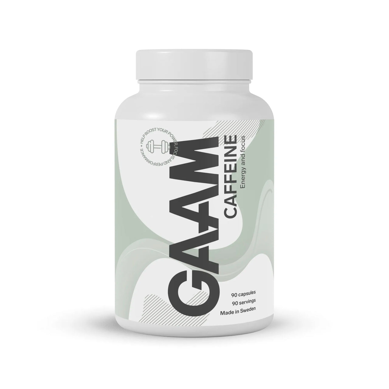En hvit boks med GAAM Caffeine 90 tabs koffeintabletter, prydet med grå og grønne grafiske detaljer.