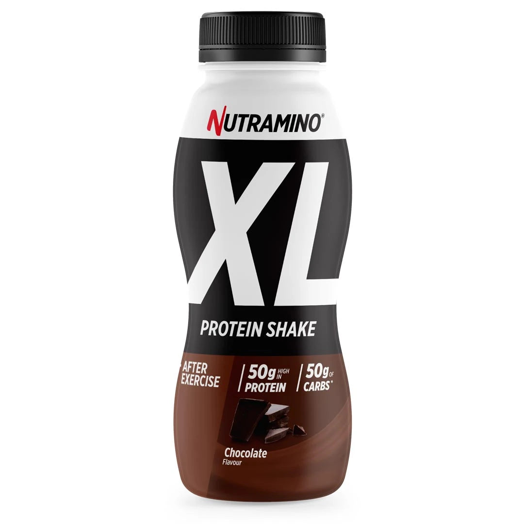 Nutramino Protein XL Shake 475 ml ferdigblandet proteinshake i en svart, hvit og brun flaske med sjokoladesmak., bilde 2 av 2