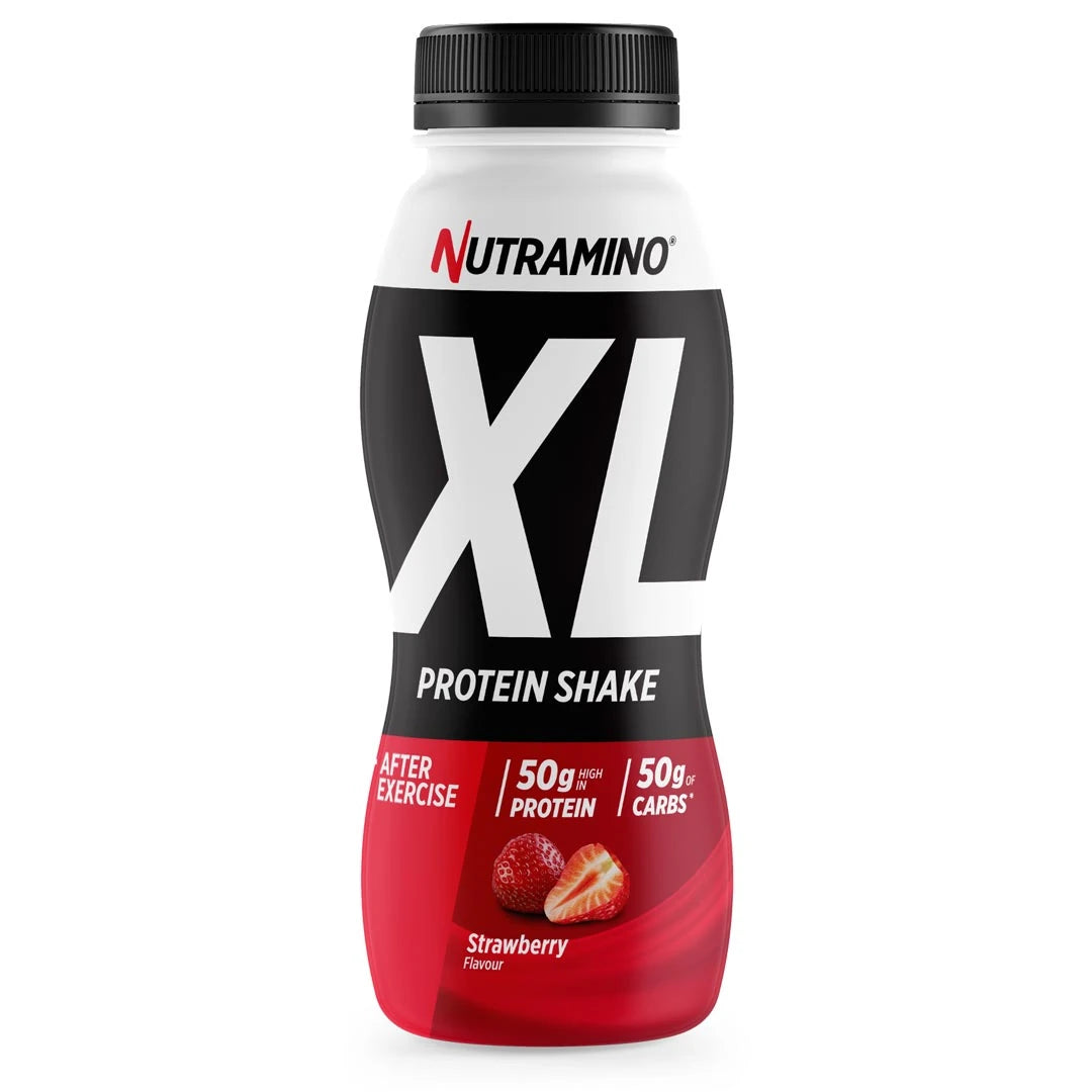 Nutramino Protein XL Shake 475 ml proteinshake i en svart, hvit og rød flaske for smaken Jordbær., bilde 1 av 2