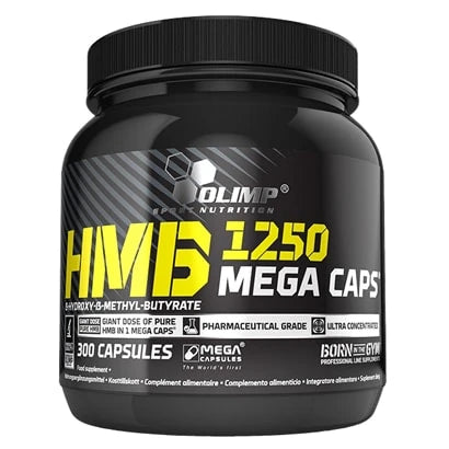 Olimp HMB Mega caps 300 caps kosttilskudd pakket i en svart boks med gul og hvit tekst.
