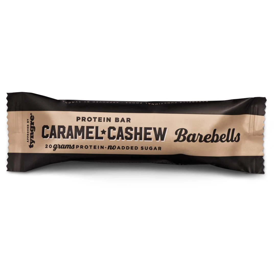 Barebells Soft protein bar 55 g i en mørkebrun og beige forpakning for smaken Caramel Cashew.
