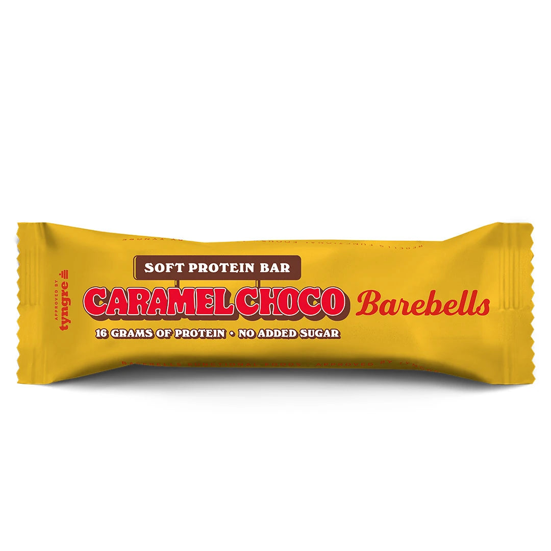 Barebells Soft protein bar 55 g i en gul forpakning med rød tekst for smaken Caramel Choco., bilde 3 av 19