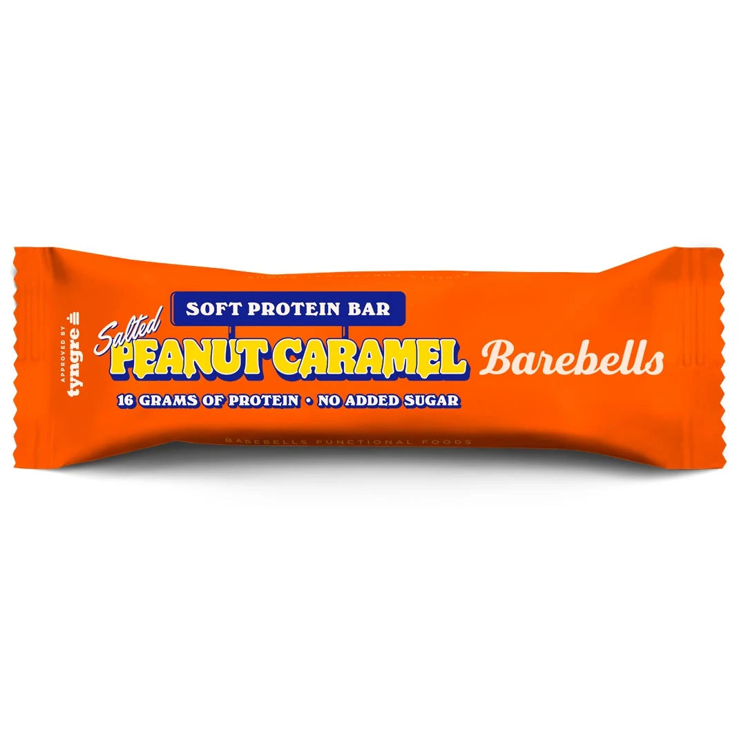 Barebells Soft protein bar 55 g i en oransje forpakning med blå tekst for smaken Salted Peanut Caramel., bilde 4 av 19