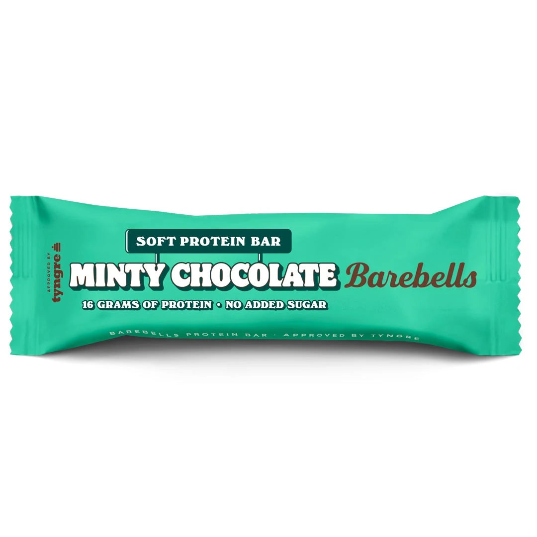 Barebells Soft protein bar 55 g i en turkis forpakning med smaken Minty Chocolate., bilde 8 av 19