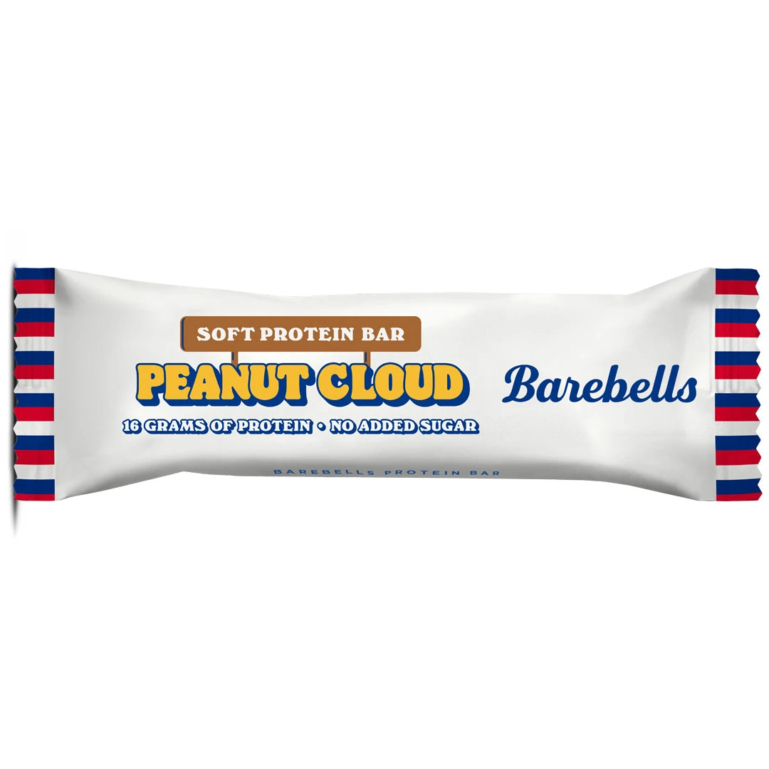 Barebells Soft protein bar 55 g i en hvit forpakning med rød- og blåstripete kanter for smaken Peanut Cloud., bilde 16 av 19