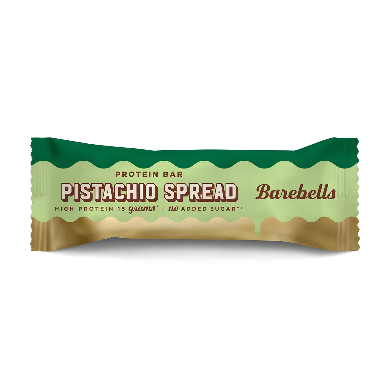 Barebells Soft Protein Bar 45 g i en lysegrønn forpakning med mørkegrønne og brune detaljer for smaken Pistachio Spread.