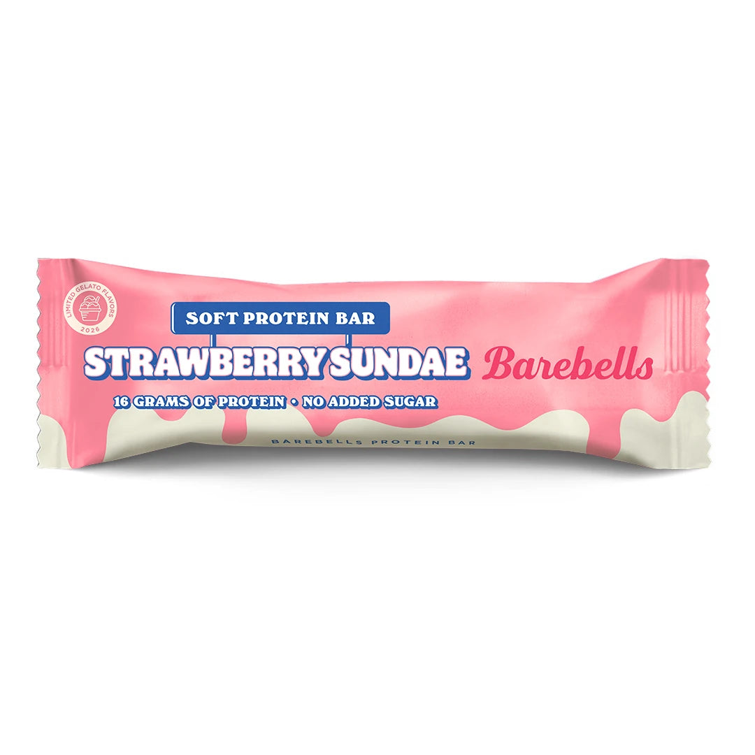 Barebells Soft protein bar 55 g i en rosa og hvit forpakning for smaken Strawberry Sundae., bilde 17 av 19