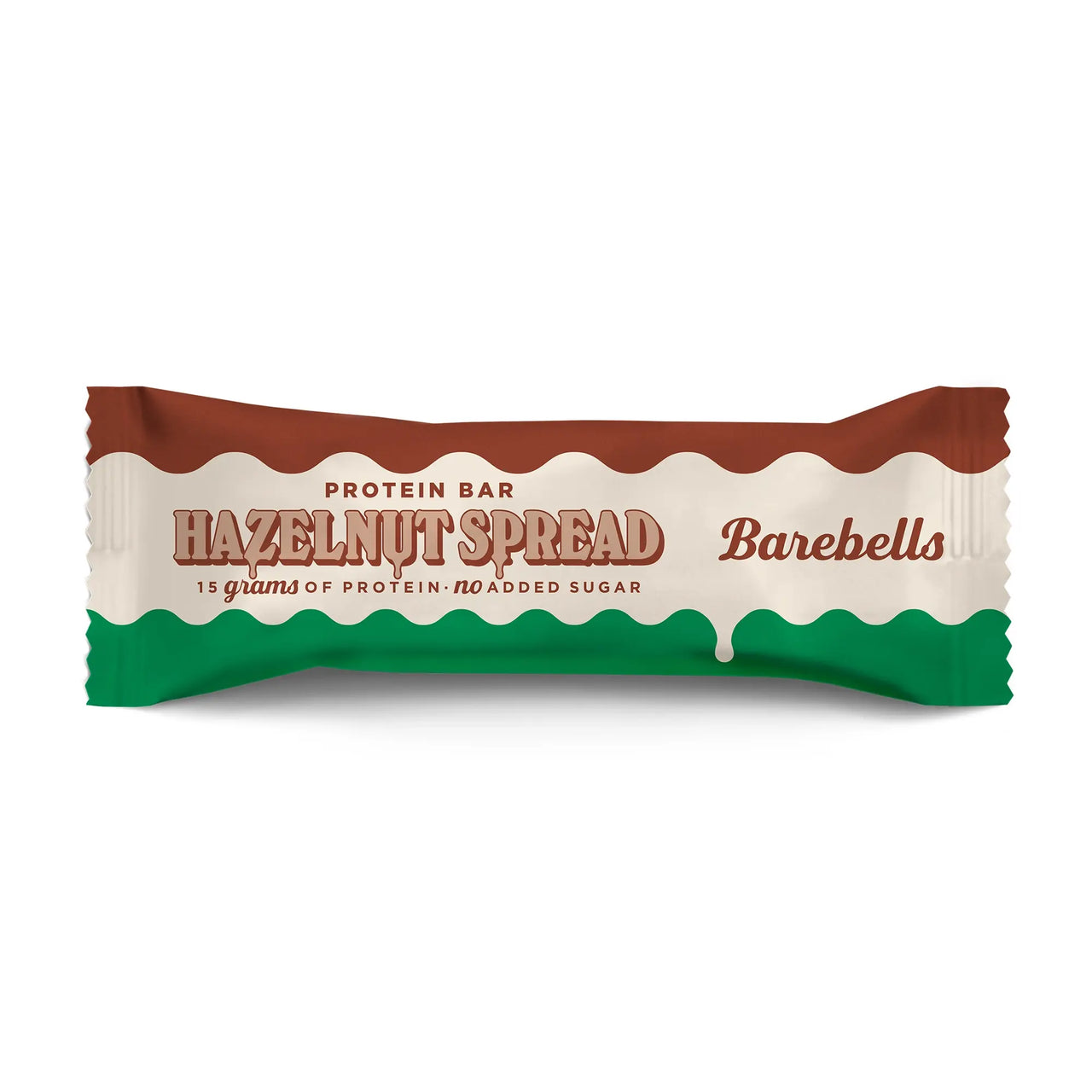 Barebells Protein Bar Spread 45 g i en brun, hvit og grønn forpakning for smaken Hazelnut Spread.