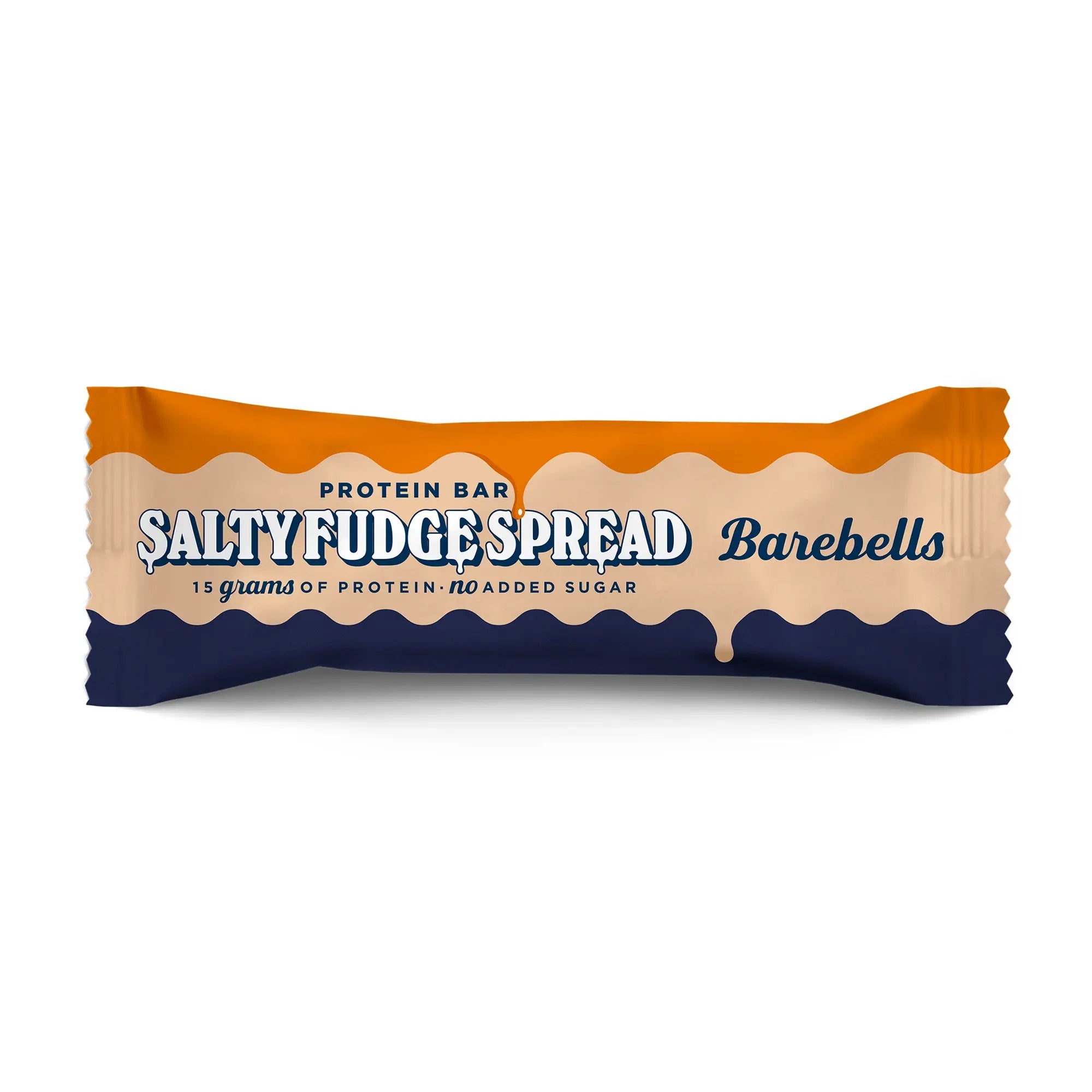 Barebells Protein Bar Spread 45 g i en oransje, beige og mørkeblå forpakning for smaken Salty Fudge Spread., bilde 4 av 5