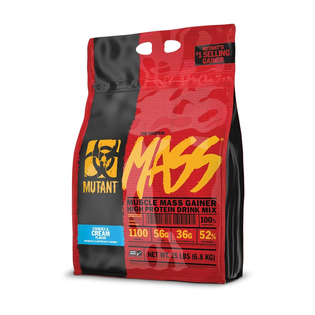 Mutant Mass 6.8 kg gainer i en rød og svart pose med gule detaljer for smaken Cookies &amp; Cream., bilde 4 av 4