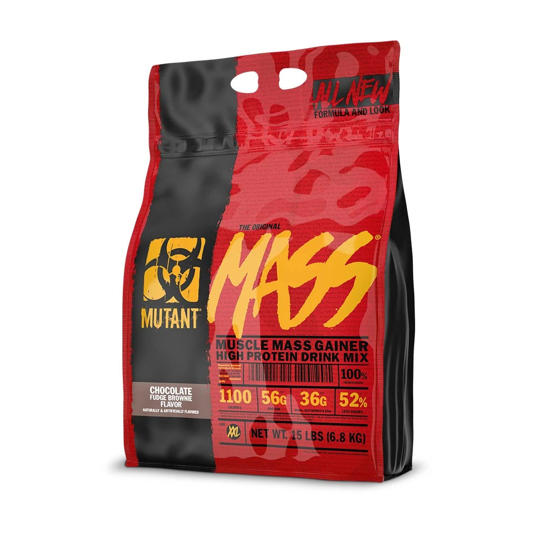 Mutant Mass 6,8 kg gainer i en rød og svart pose for smaken Chocolate Fudge Brownie., bilde 3 av 4