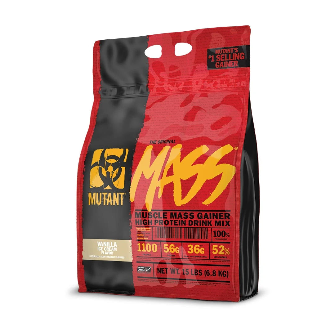Mutant Mass 6.8 kg gainer i en rød og svart pose med gule detaljer for smaken Vanilla Ice Cream., bilde 1 av 4