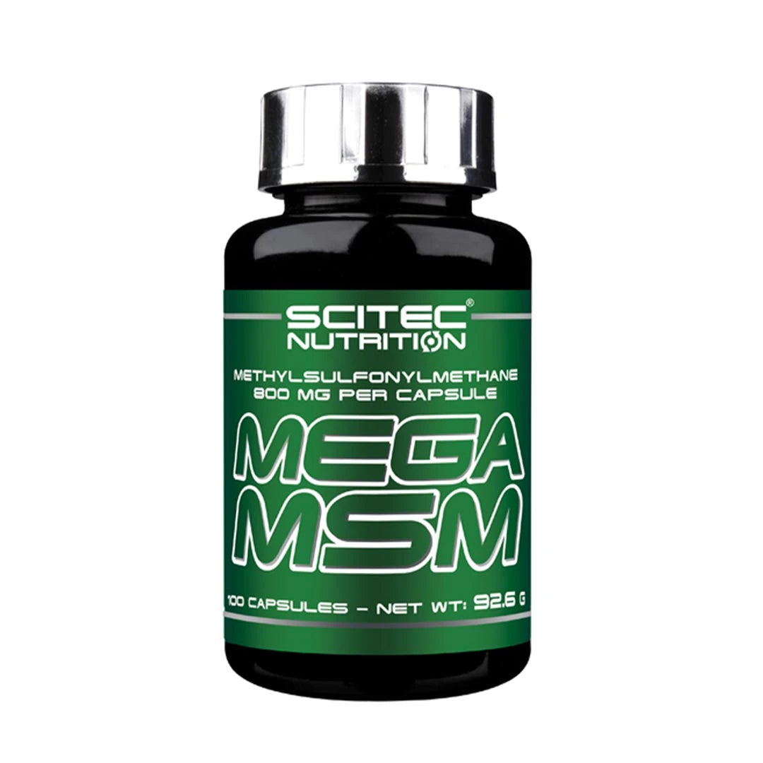Svart boks med grønn etikett med Scitec Nutrition Mega MSM 100 caps, et kosttilskudd for ledd.