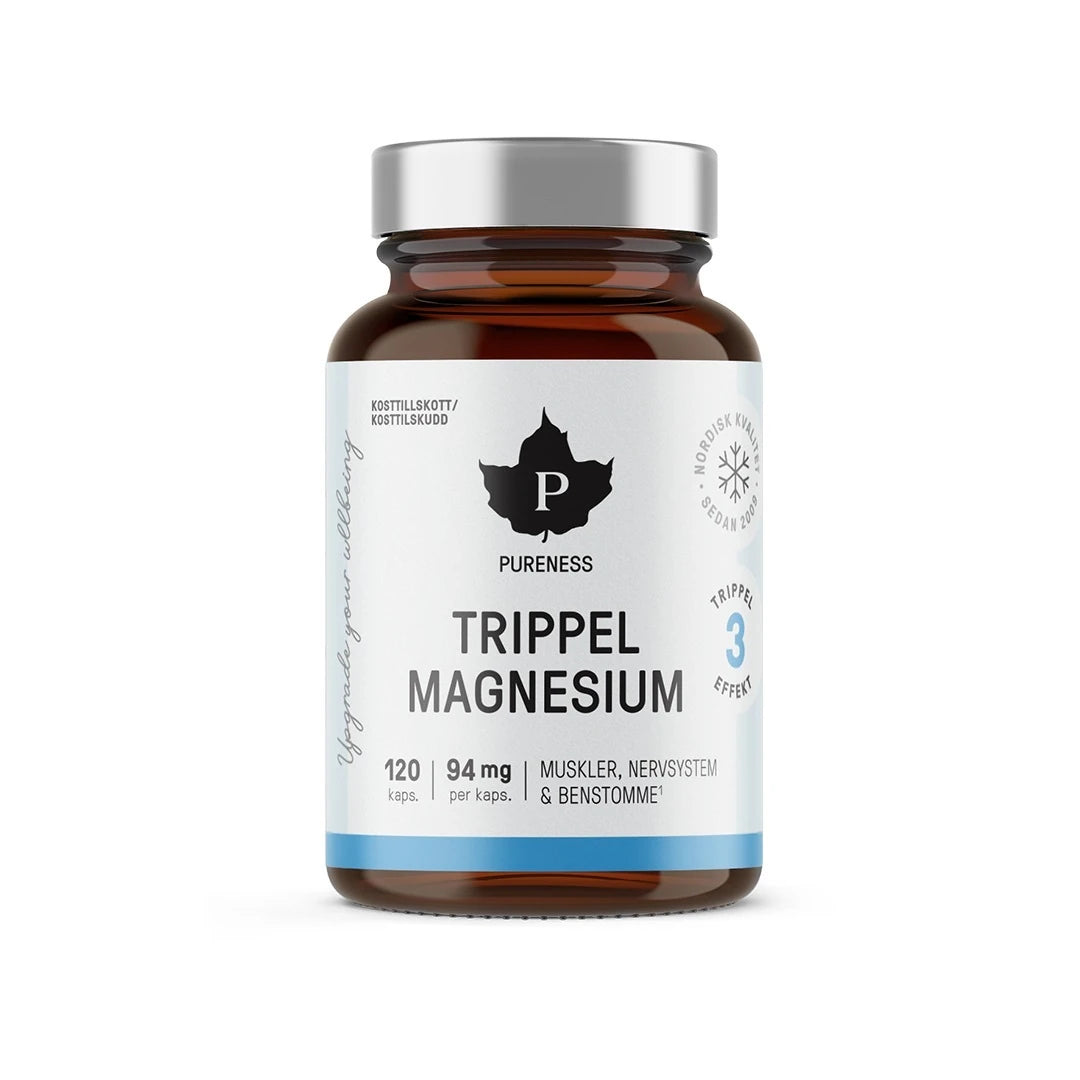 Pureness Trippel Magnesium 120 caps i en brun boks med sølvfarget lokk, hvit etikett og svarte detaljer.