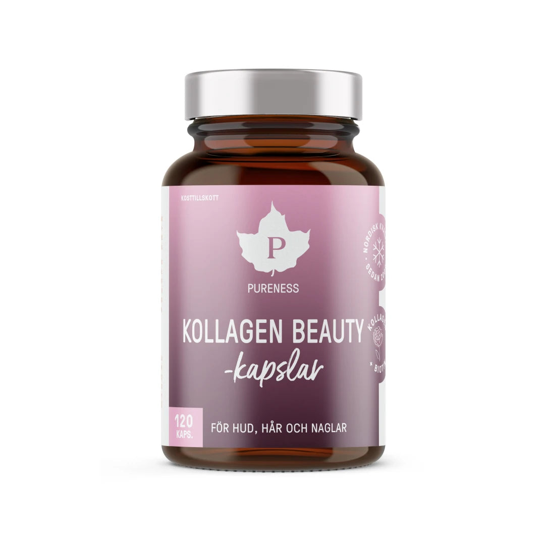 Pureness Kollagen Beauty 120 caps i en mørkebrun boks med sølvlokk og rosa etikett.