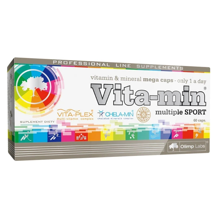 Olimp Vita-min Multiple Sport 60 caps, et kosttilskudd i en hvit eske med fargerike detaljer og tekst.