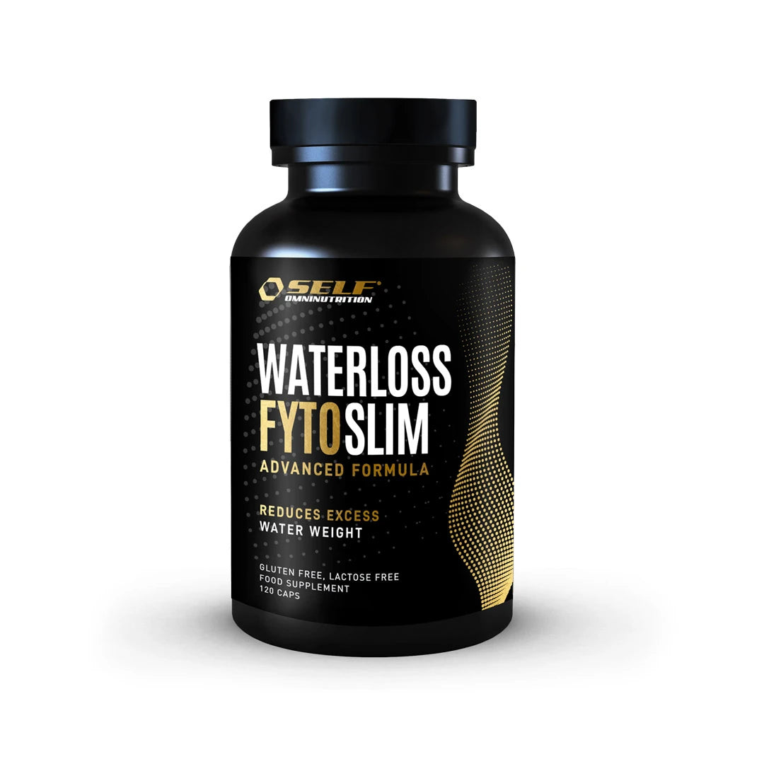 Self Omninutrition Waterloss 120 caps vanndrivende kosttilskudd i en svart boks med hvite og gylne detaljer.