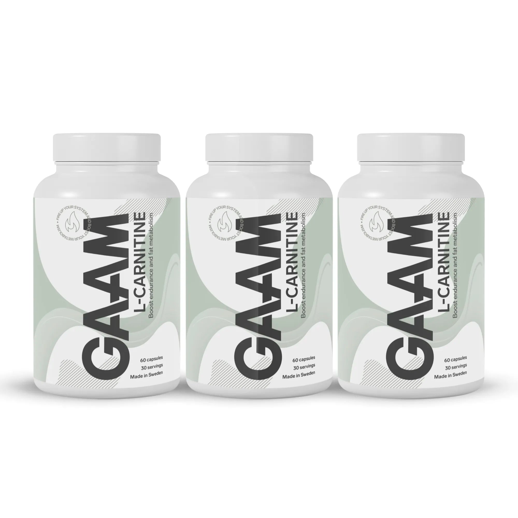 3 x GAAM L-Carnitine 60 caps i tre hvite bokser med grågrønne detaljer og svart tekst.