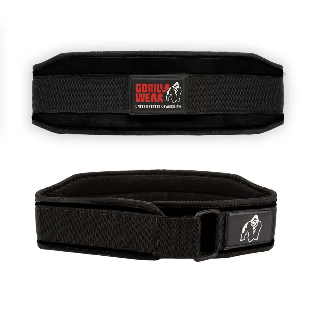 Gorilla Wear 4 Inch Women's Lifting Belt Black, et svart treningsbelte i nylon med borrelås og logo.