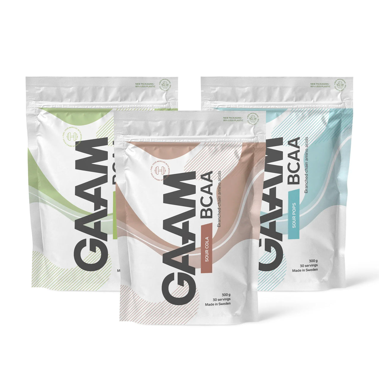 3 x GAAM BCAA 300 g aminosyrer i tre hvite poser med grønne, brune og blå detaljer for ulike smaker.