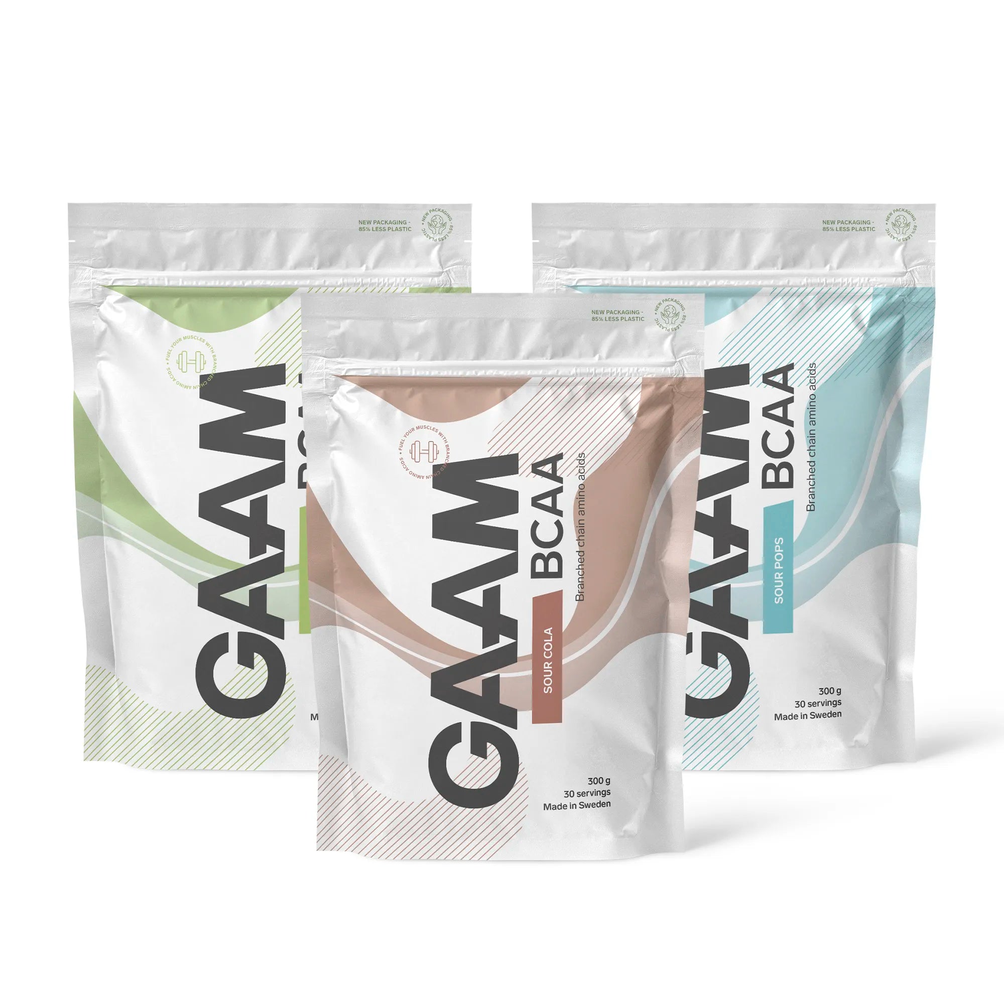 3 x GAAM BCAA 300 g aminosyrer i tre hvite poser med grønne, brune og blå detaljer for ulike smaker.