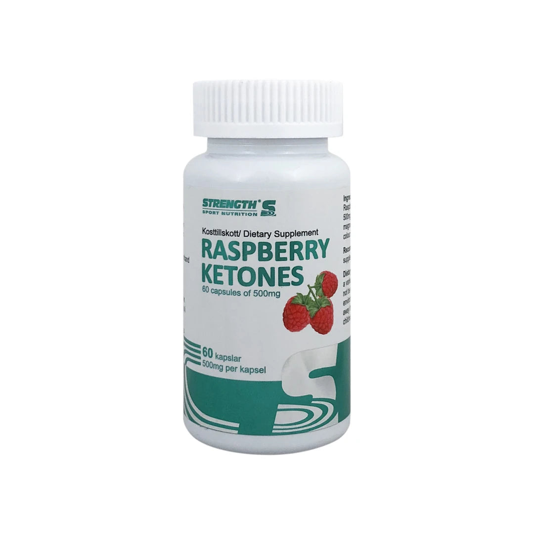 Strength Sport Nutrition Raspberry Ketone 60 caps i en hvit boks med grønn tekst og bilder av bringebær.