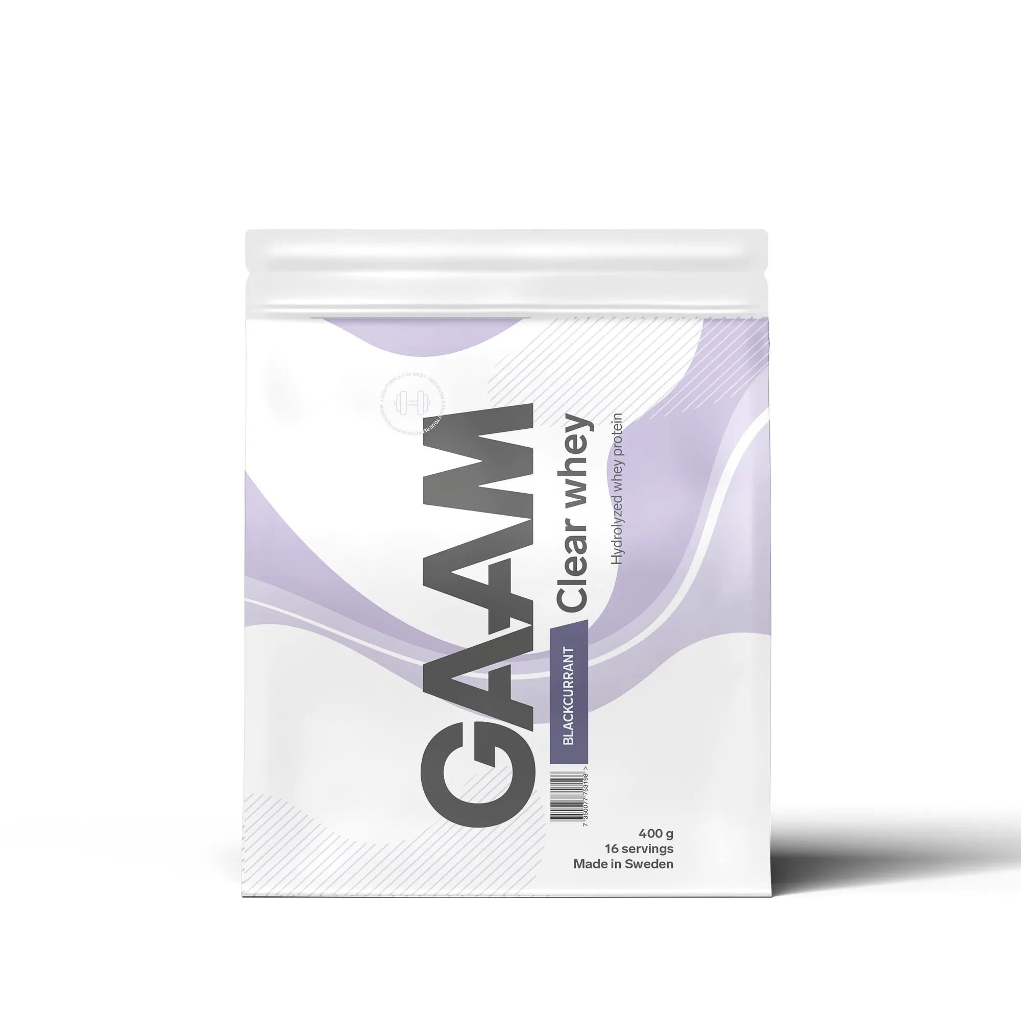 GAAM Clear Whey 400 g proteinpulver i en hvit pose med lilla detaljer for smaken Blackcurrant., bilde 1 av 4