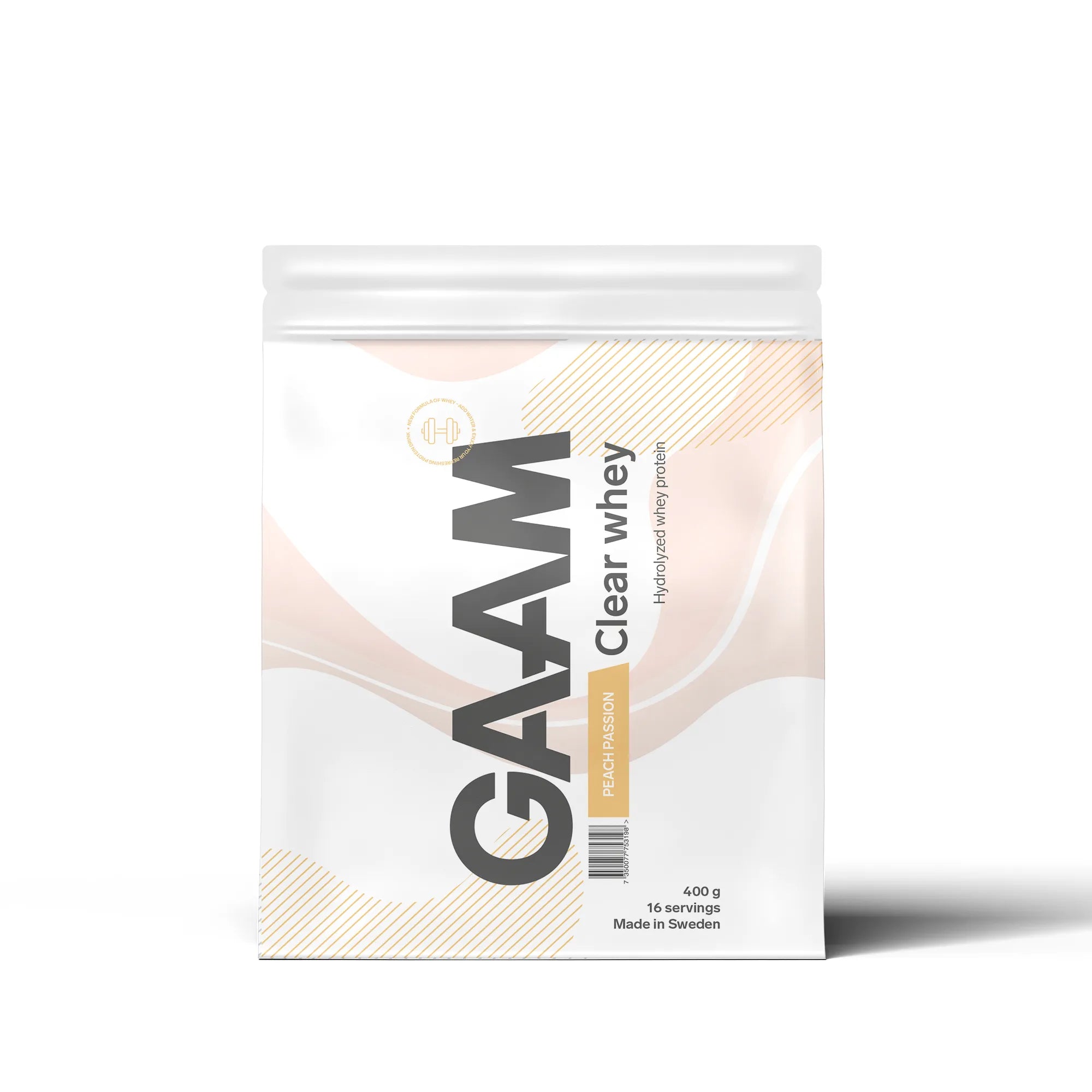 GAAM Clear Whey 400 g proteinpulver i en hvit pose med ferskenfarget mønster for smaken Peach Passion., bilde 2 av 4