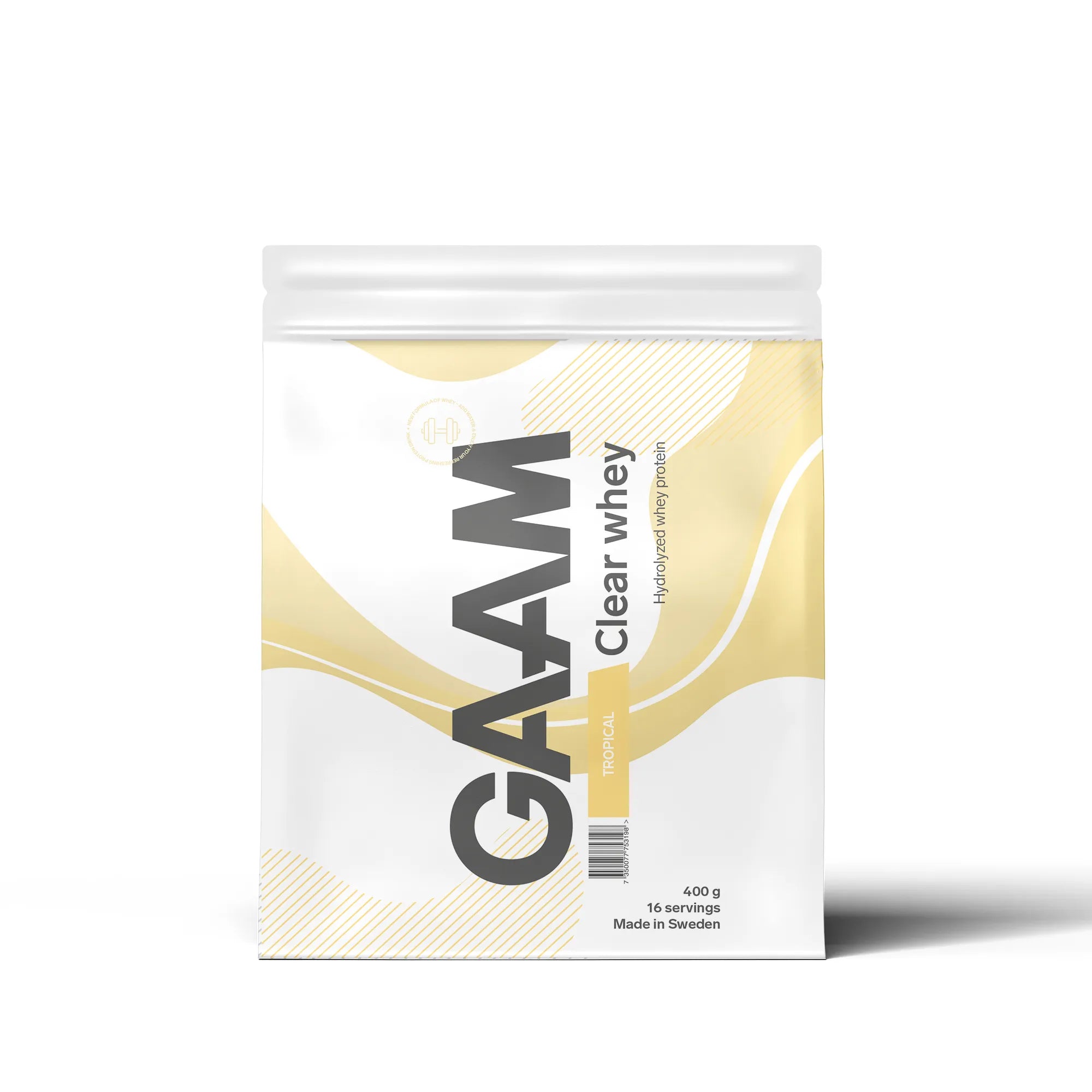 GAAM Clear Whey 400 g proteinpulver i en hvit pose med lysegule detaljer for smaken Tropical., bilde 3 av 4