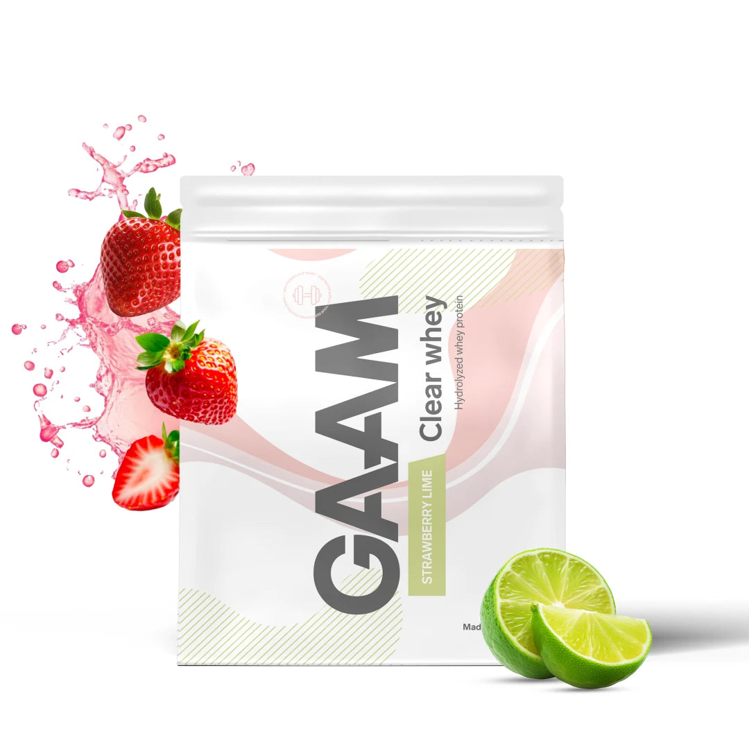 GAAM Clear Whey 400 g proteinpulver i smaken Strawberry Lime, i en hvit pose dekorert med jordbær og lime.