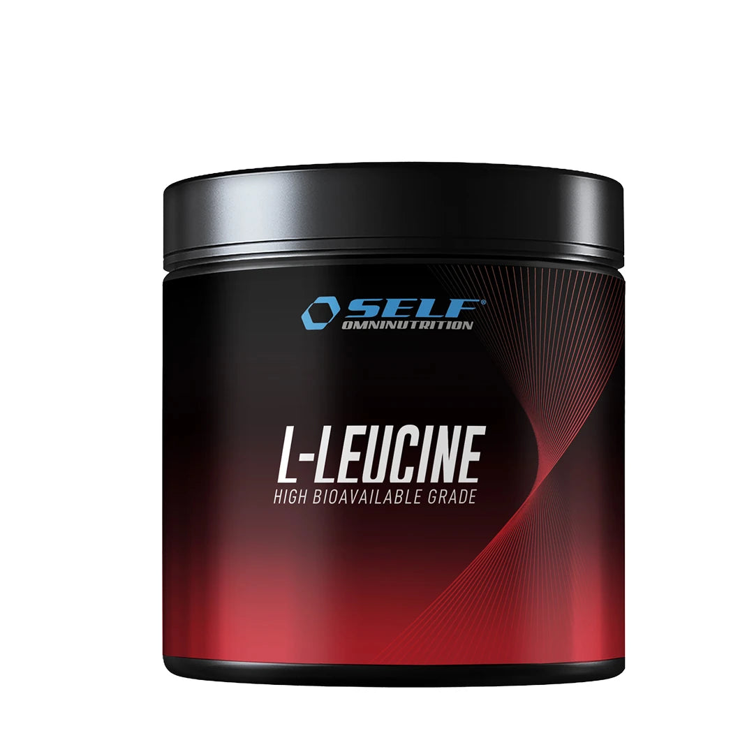 Self Omninutrition Leucine 200 g, et smakløst L-leucin-kosttilskudd pakket i en svart boks med røde detaljer.