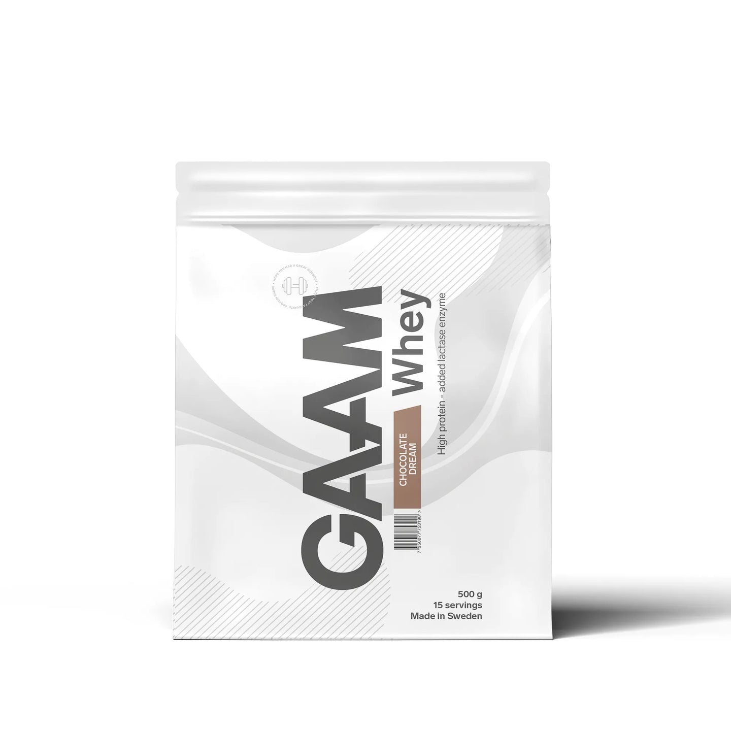 Hvit pose med GAAM Whey 500 g proteinpulver i smaken Chocolate Dream.