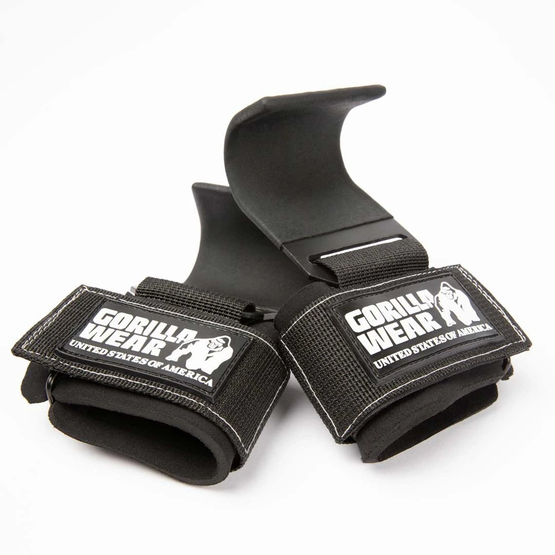 Gorilla Wear Weight Lifting Hooks Black/White, robuste svarte løftekroker i stål og nylon med hvit logo.