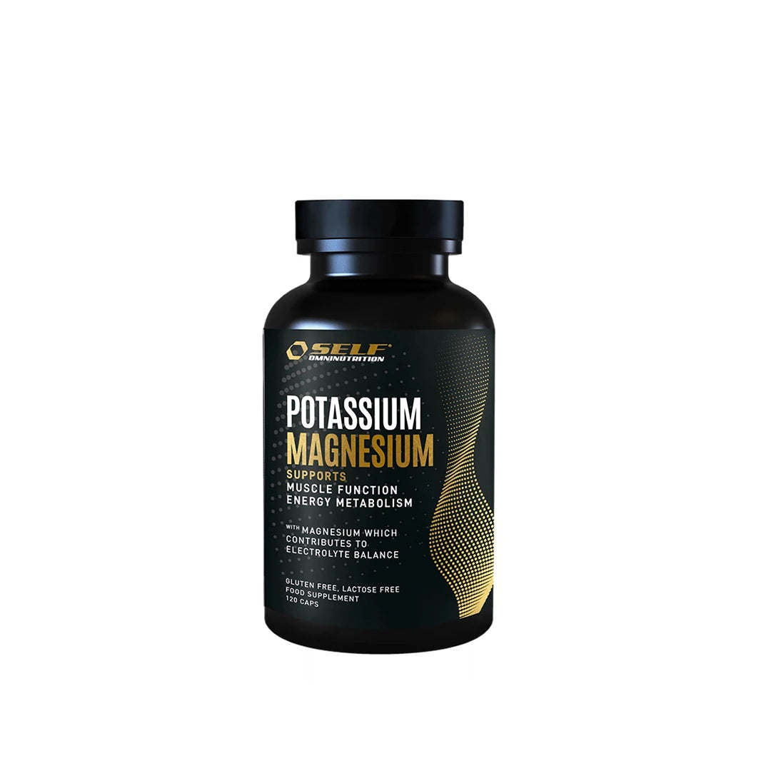Self Omninutrition Potassium-Magnesium 120 caps i en svart boks med gulldetaljer og hvit tekst.