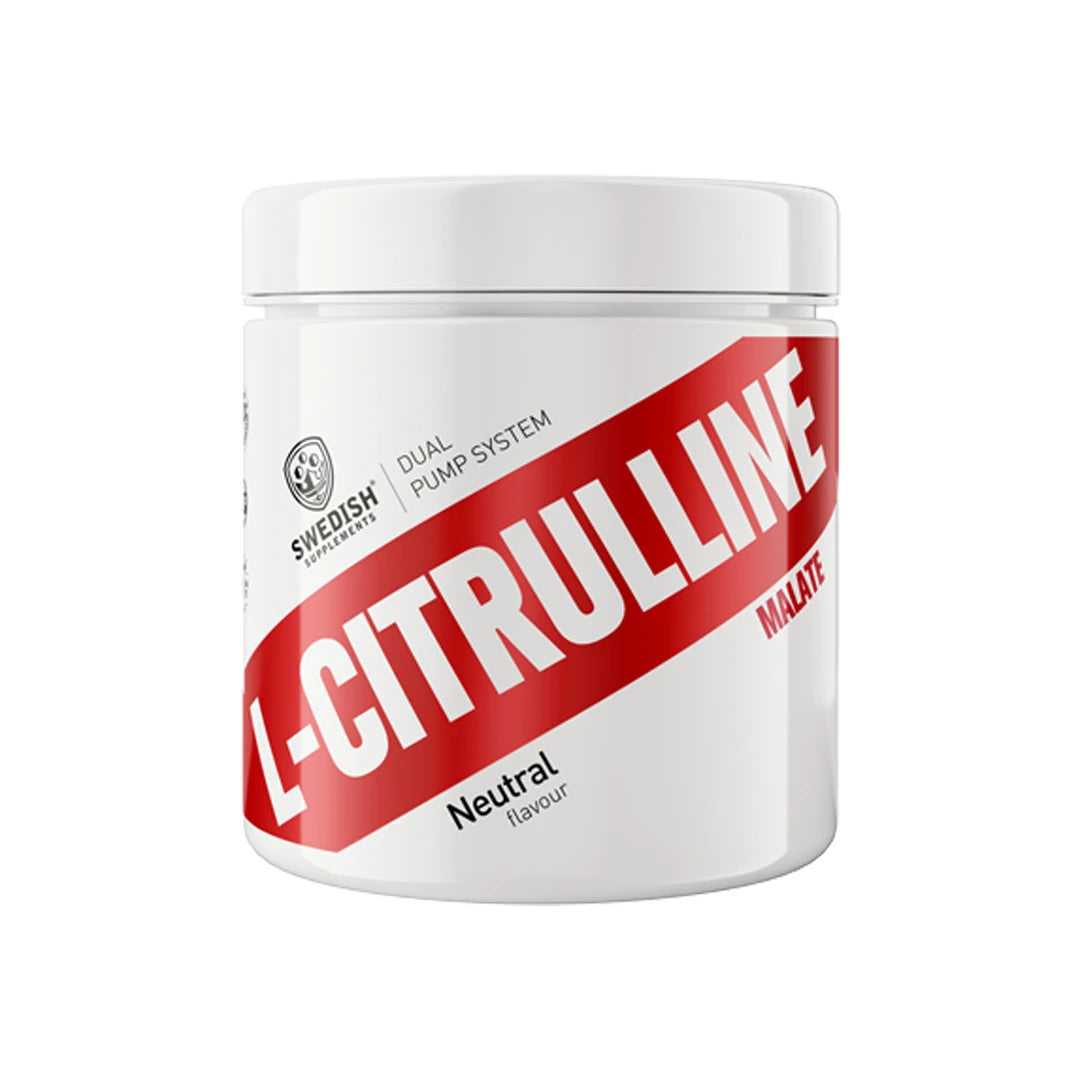 Swedish Supplements Citrulline Malate 250 g smakløst aminosyrepulver i en hvit boks med rødt bånd.