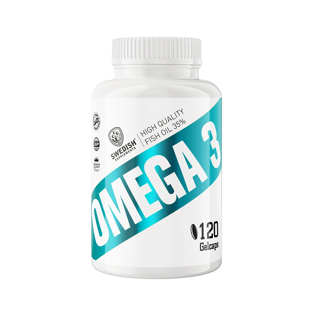 En hvit boks med turkis tekst for Swedish Supplements Omega 3 120 caps, et kosttilskudd med fiskeolje.