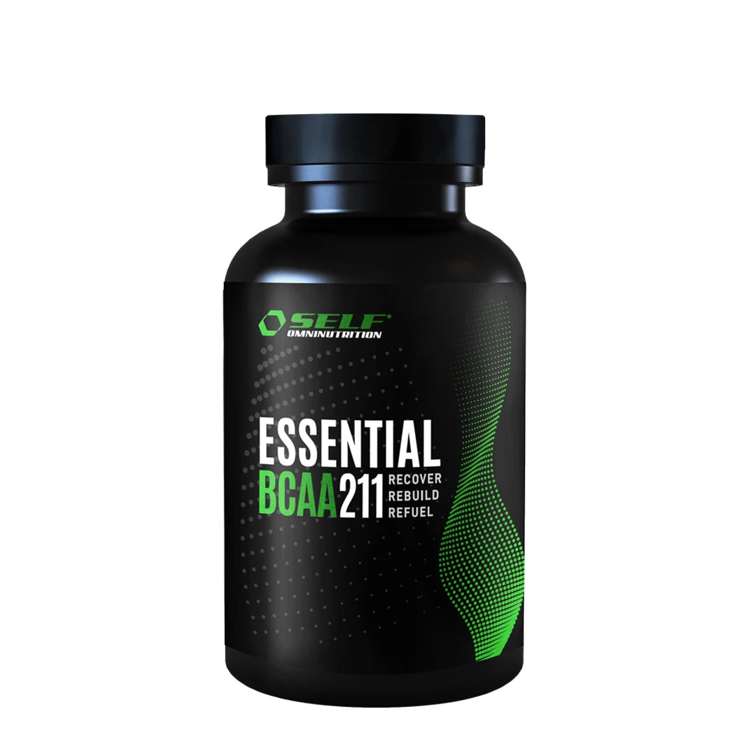 Self Omninutrition Essential BCAA 211 100 tabs i en svart boks med grønne grafiske detaljer.