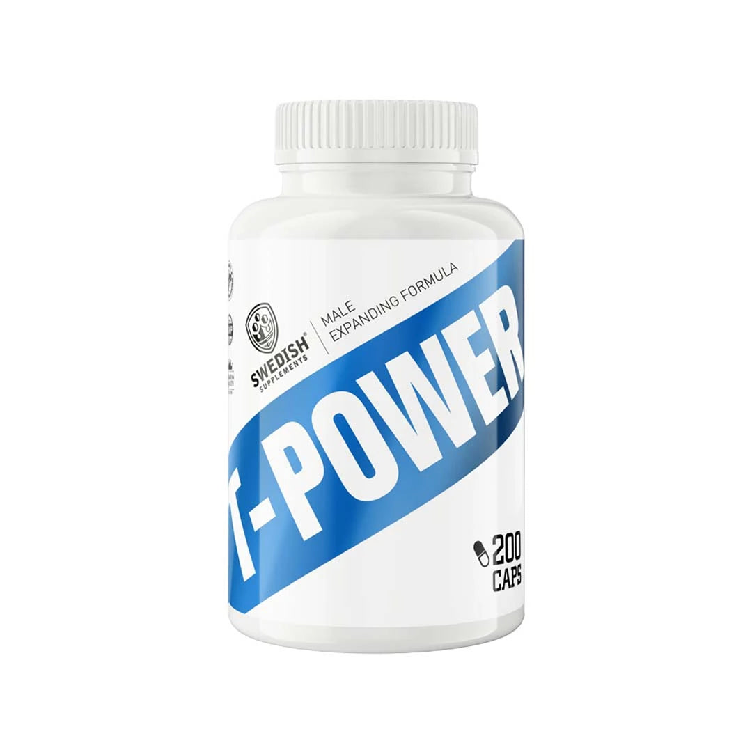 Hvit boks med blå tekst for testoboosteren Swedish Supplements T-Power 200 caps.