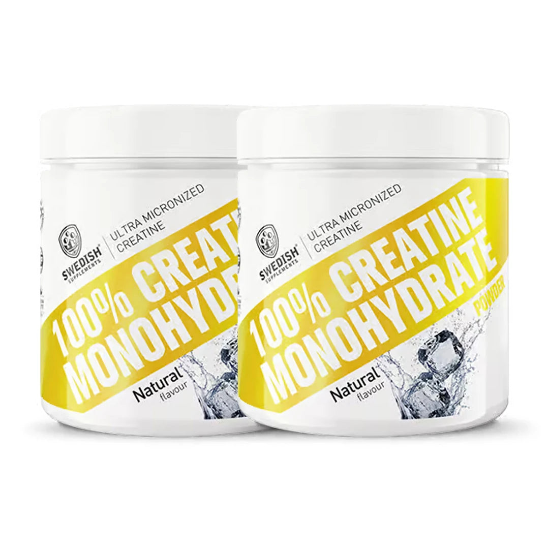 2 x Swedish Supplements Creatine Monohydrate 250 g i to hvite bokser med gule detaljer i smaken Natural.