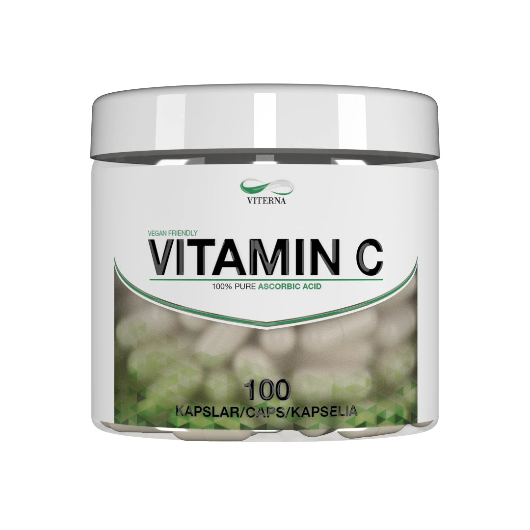 Viterna Vitamin C 100 caps, et vegansk kosttilskudd i en hvit plastboks med grønne detaljer.