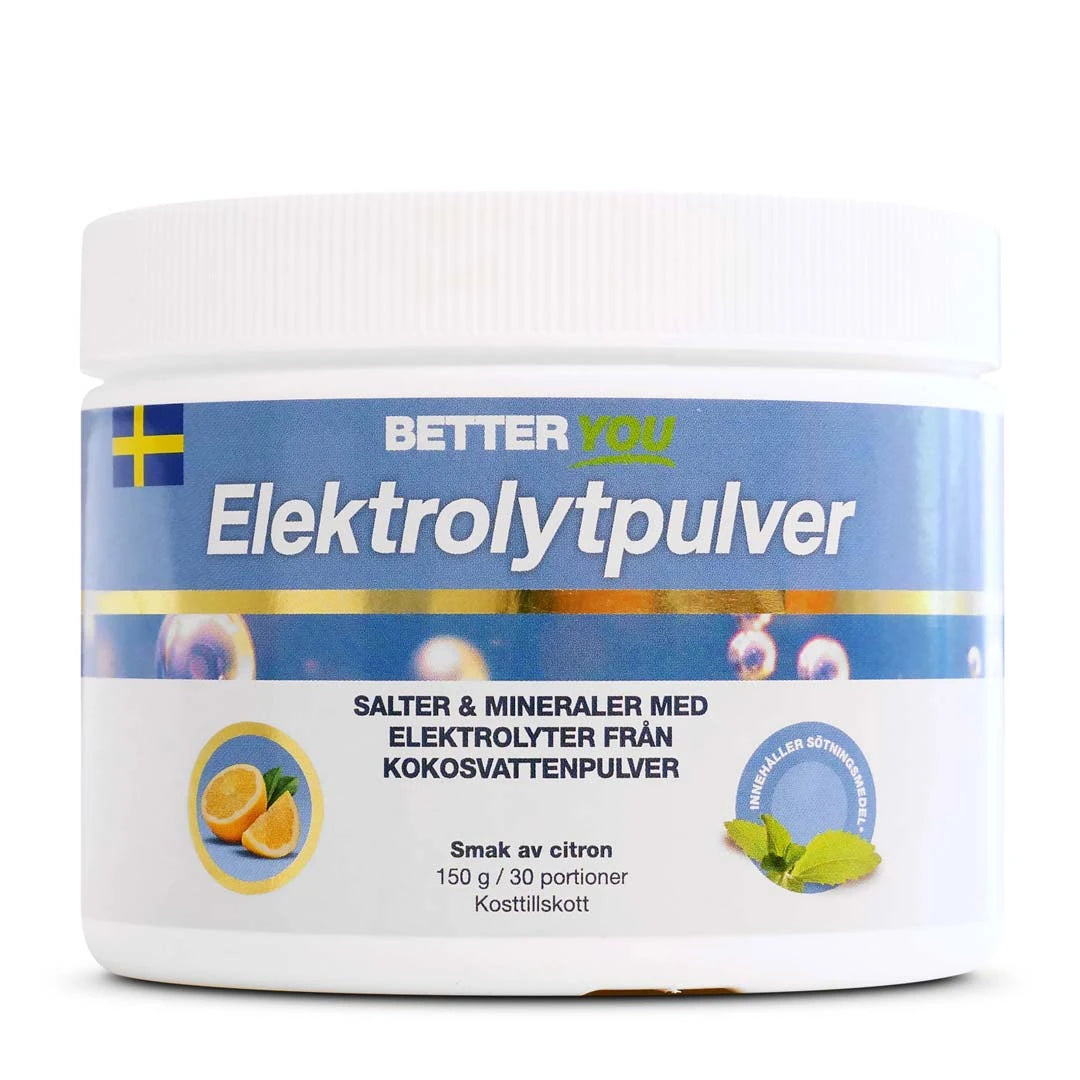 Better You Elektrolyttpulver 150 g i en hvit boks med blå etikett for smaken sitron., bilde 1 av 3